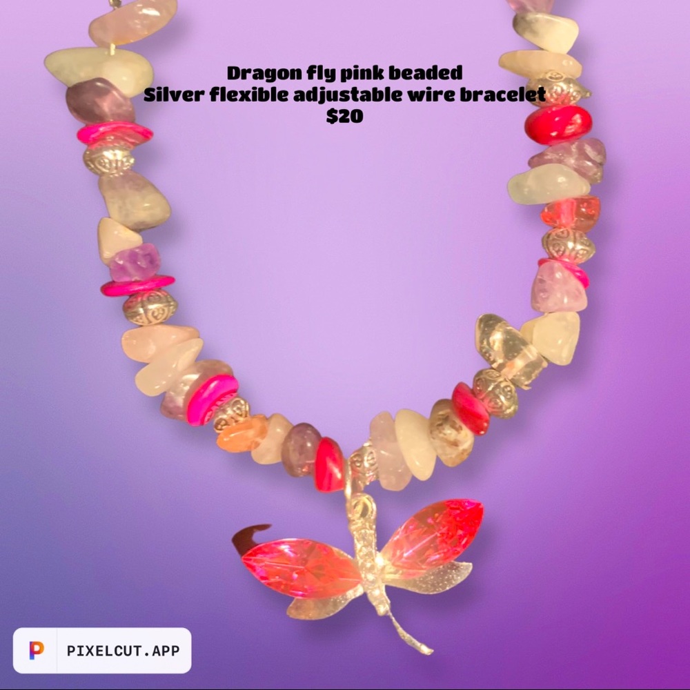 Dragon fly pink beaded flexible adjustable silver wire bracelet